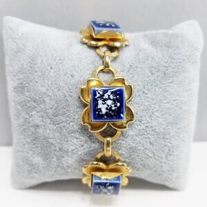 1950s Gold Tone Blue White Ceramic Tile Floral Link Bracelet Vintage